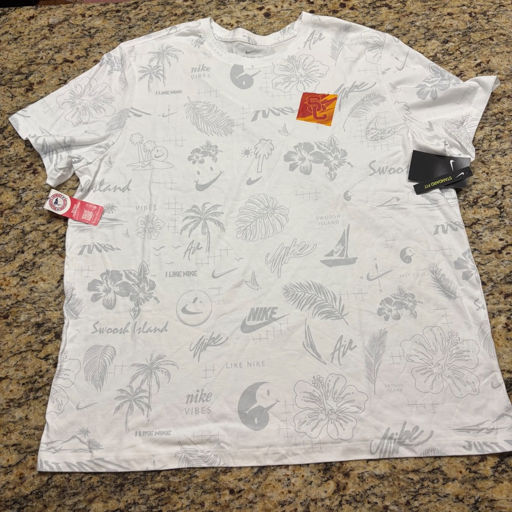Nike USC Trojans Swoosh Island T-Shirt Mens XXL White Tropical All Over Print ws